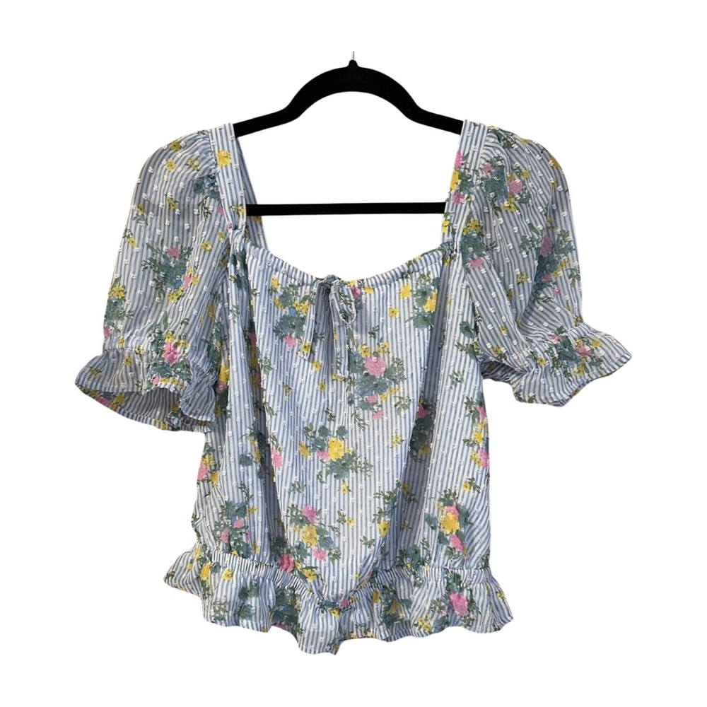 Striped Floral Puff Sleeve Top – Cottagecore Ruffle Hem Blouse Size Small